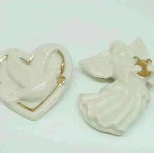 2 LENOX Signed Angel Vintage Brooch Pins Porcelain Gold Trim + Dove Broo…